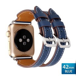 OptimuZ Premium Double Strap Leather Watch Band Strap for Apple Watch - 42mm Blue