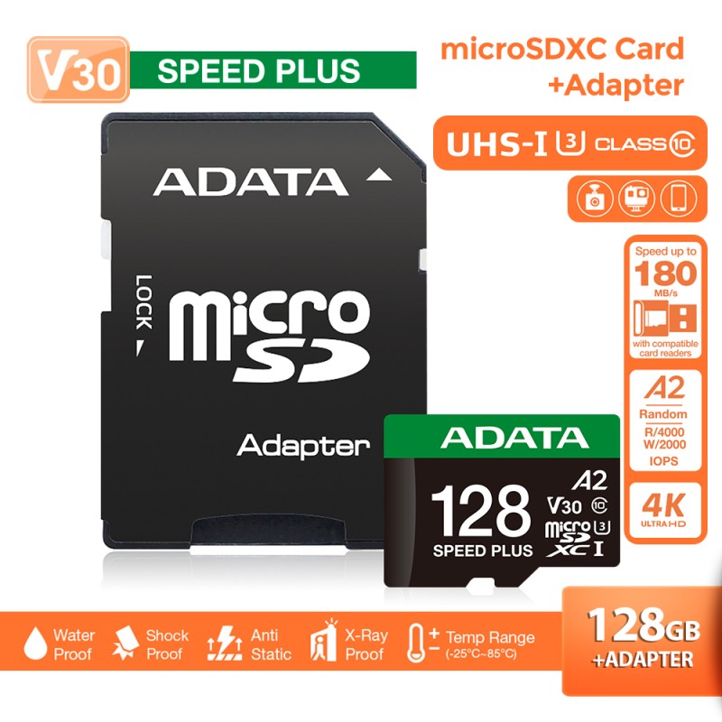ADATA Scheda Di Memoria MicroSDXC 128GB Speed Plus | UHS-I U3 V30 | 4K Ultra HD Per Drone Action Cam