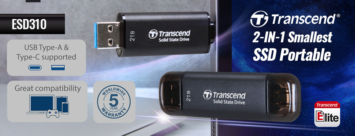 Transcend ESD310C SSD Eksternal Dual USB Type-A dan Type-C 1TB-2TB Hitam